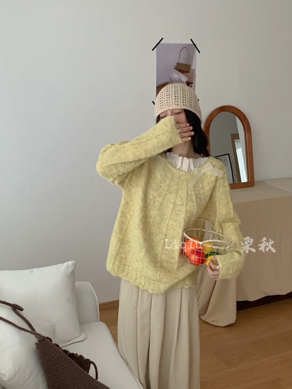 温柔风蕾丝拼接长袖针织衫女秋冬立体蝴蝶结打底毛衣软糯套头上衣|undefined