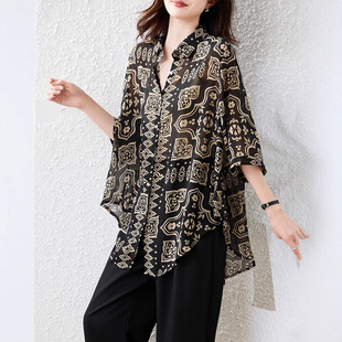 Real shot in stock retro art floral pullover shirt 2025 new fashion casual loose slim top trend