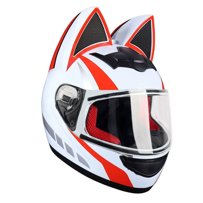 Cat Ears, Universal Helmet for, Motosiklet kaskı (dəbilqə) - white-and-red-cat-transparent-lenses-s