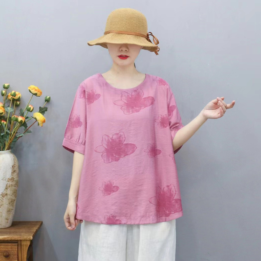 Nueva camiseta de mujer de estilo chino suelta impresa de manga corta para mujer camisa de fondo de verano Jersey cuello redondo artístico casual image 8