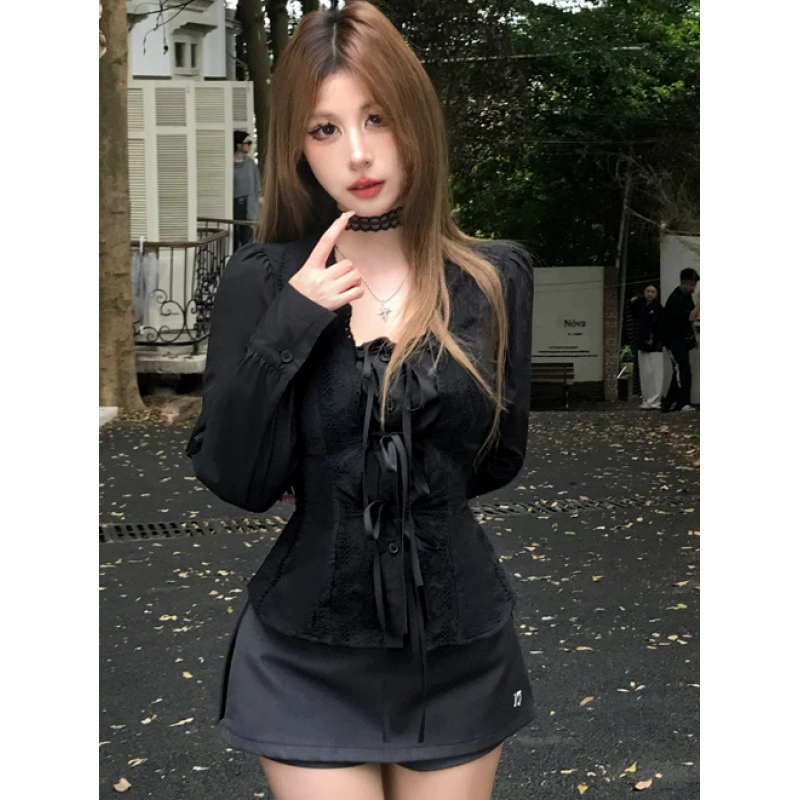 Женская осенняя рубашка, plus-size, чёрная, шнуровка спереди, до 4XL