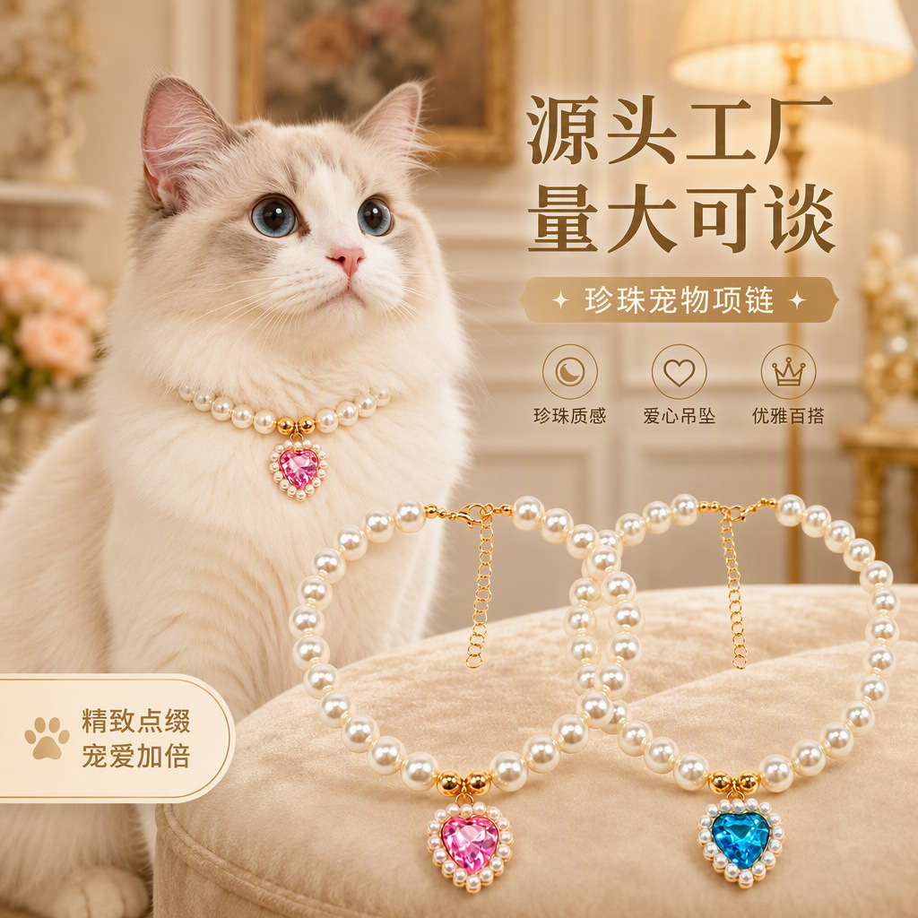 Japanese and Korean Style Pearl Pet Collar with Cat Heart Pendant Necklace, Elegant and Versatile Pet Accessory Suitable for All Seasons