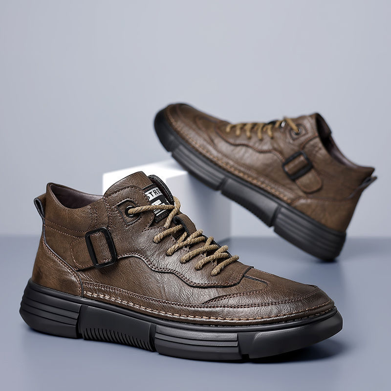 男鞋新款真皮商务男士休闲鞋秋冬款加绒保暖中帮棉鞋英伦防滑厚底