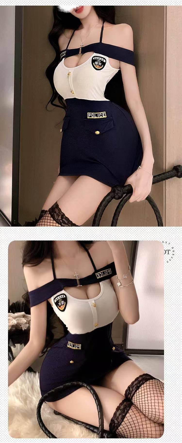 Policewoman Roleplay Costume Set with Hip-Covering Uniform Dress, Black One Size — detail image 8