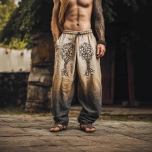 欧美跨境秋季男士麻料宽松休闲3D民族风数码印花长裤大裆裤灯笼裤