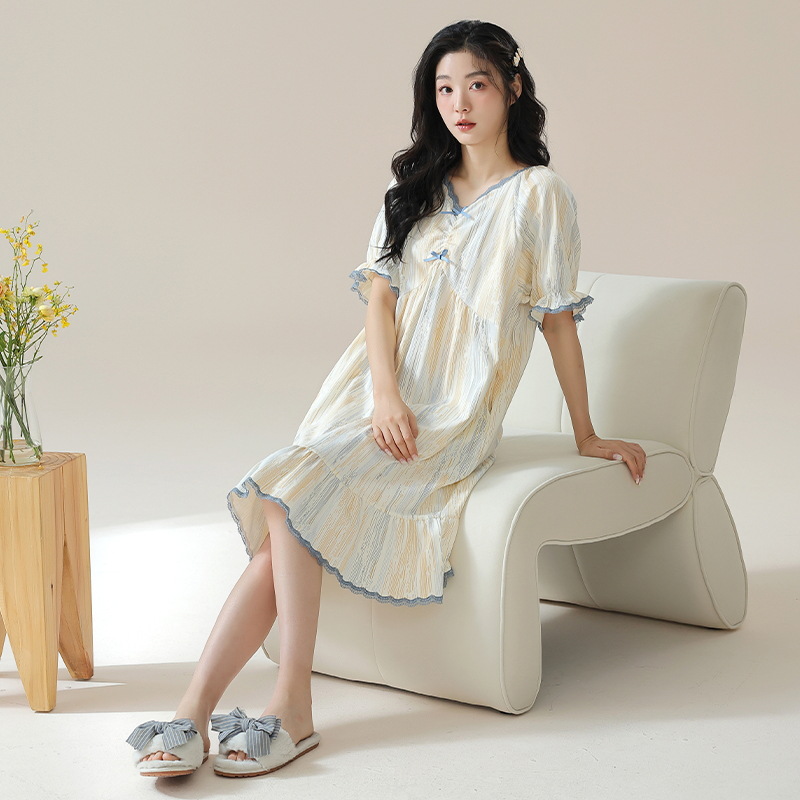 [Personalizado] 7A camisón de algodón antibacteriano verano femenino dulce y lindo estilo princesa delgado de manga corta pijama de maternidad floral