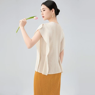 褶衣批发褶皱短袖上衣女25夏季基础款女装袖口开叉设计T恤圆领