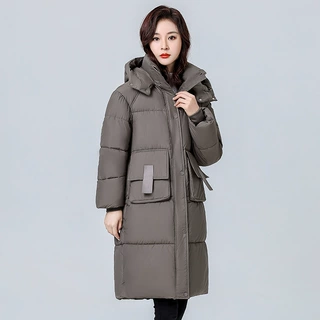跨境中长款棉衣女2024新款冬季大口袋面包服棉袄加厚羽绒棉服外套