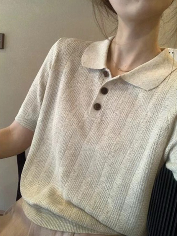 法式亚麻冰丝翻领针织短袖T恤女2025夏季气质百搭修身polo衫上衣|undefined