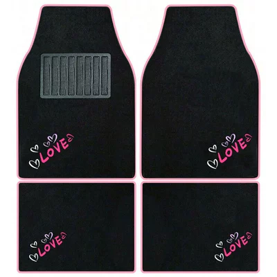 Universal Foot Pad, Love Embroidery Car Upper - love-pink-edge-universal-car-floor-mat-set