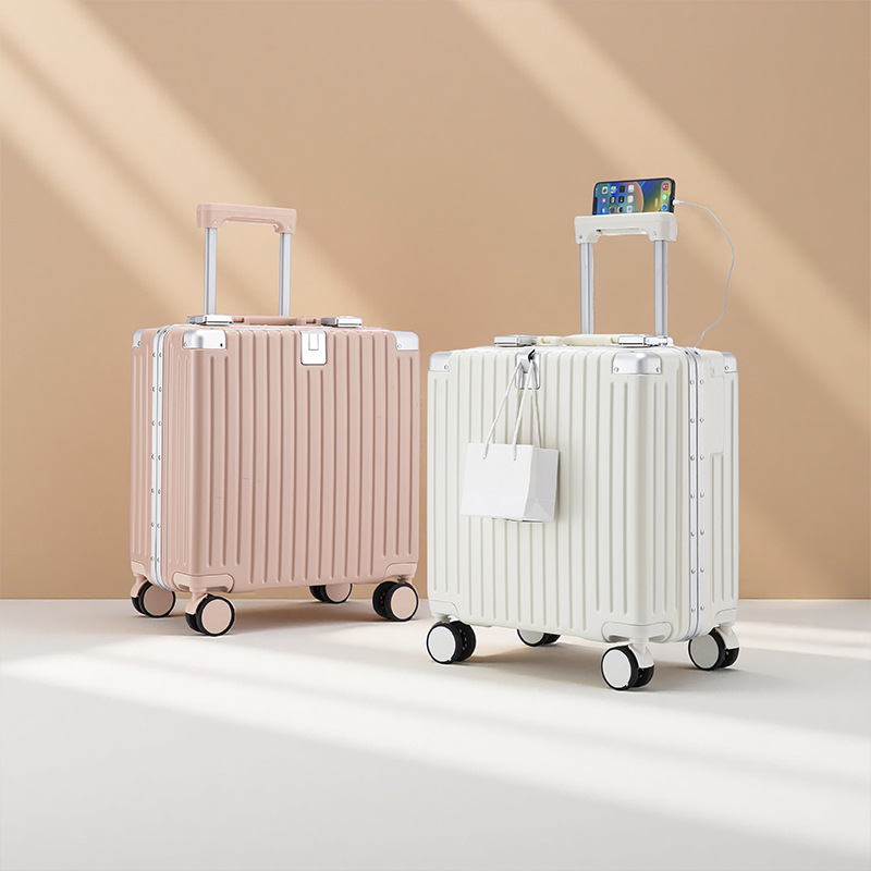 Equipaje con marco de aluminio de embarque de 18 pulgadas, maleta con ruedas nueva, maleta con ruedas, maleta con código, ligero, pequeño y duradero