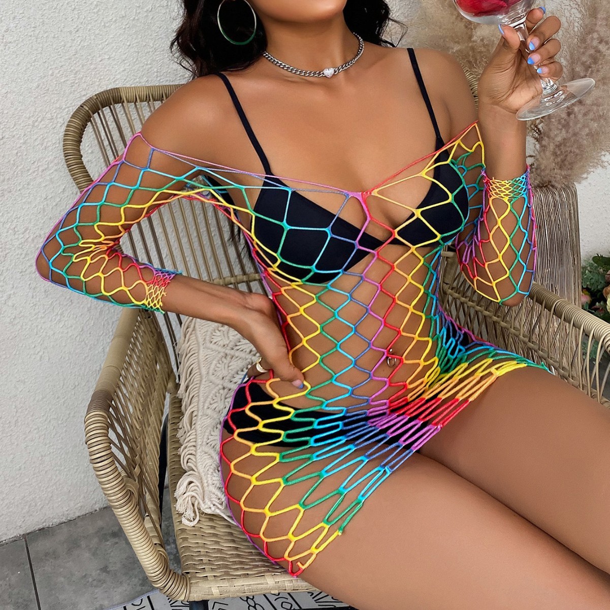 Vestido Corto de Red Multicolor YDC14 de Nailon y Espándex para Playa y Piscina