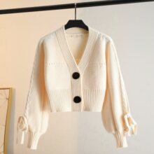 加厚针织开衫女秋冬宽松短款领灯笼袖系绳冬季毛衣外套上衣