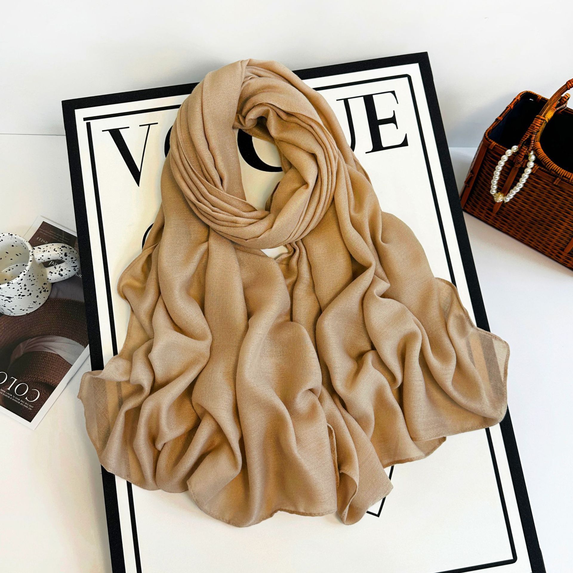 Sciarpa lunga da donna in cotone e canapa 2023 autunno/inverno tinta unita monocromatica multicolore_voghion.com