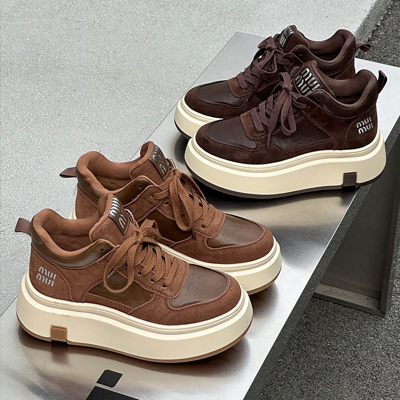 Small Height-raising Leather High-top Casual Shoes Women's 2024 Autumn and Winter fleece-lined New Thick-soled All-match Sports Shoes Trendy