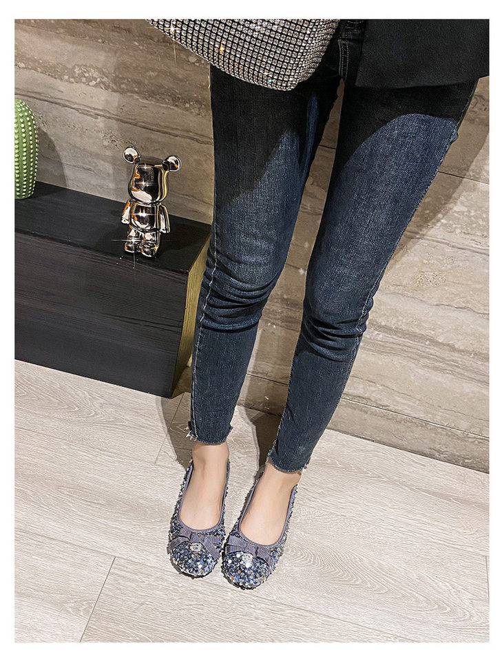 Giày búp bê nữ mũi vuông đế nhỏ đính sequin nơ, kiểu Mary Jane lười gót thấp 1–3 cm — Màu bạc, Màu đen chi tiết 33