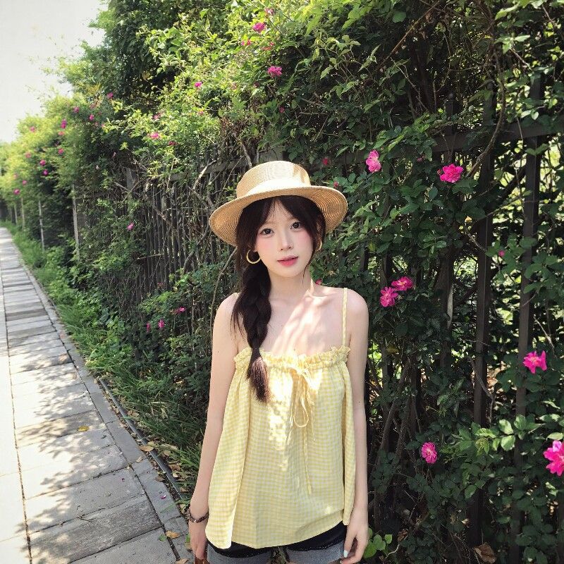 Korean-Style Sweet Casual Vacation Style Yellow Plaid Camisole Drawstring Pleated Shirt Loose Sleeveless Top for Women Korean-Style Sweet Casual Vacation Style Yellow Plaid Camisole Drawstring Pleated Shirt Loose Sleeveless Top for Women