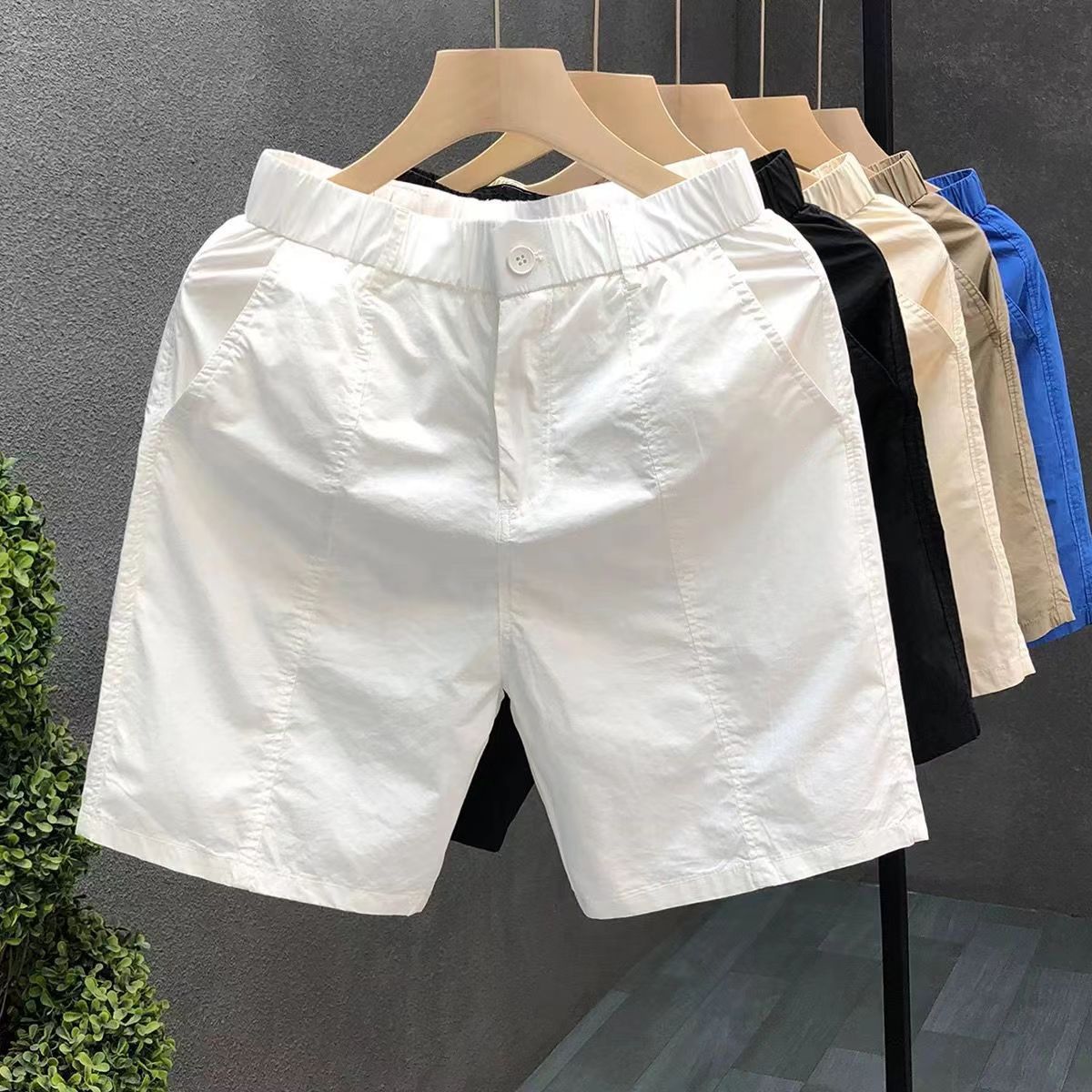 여름 스타일 솔리드 컬러 반바지 남성 트렌디 브랜드 트렌디 얇은 비치 바지 남성 슬림 스트레이트 아우터 캐주얼 바지
