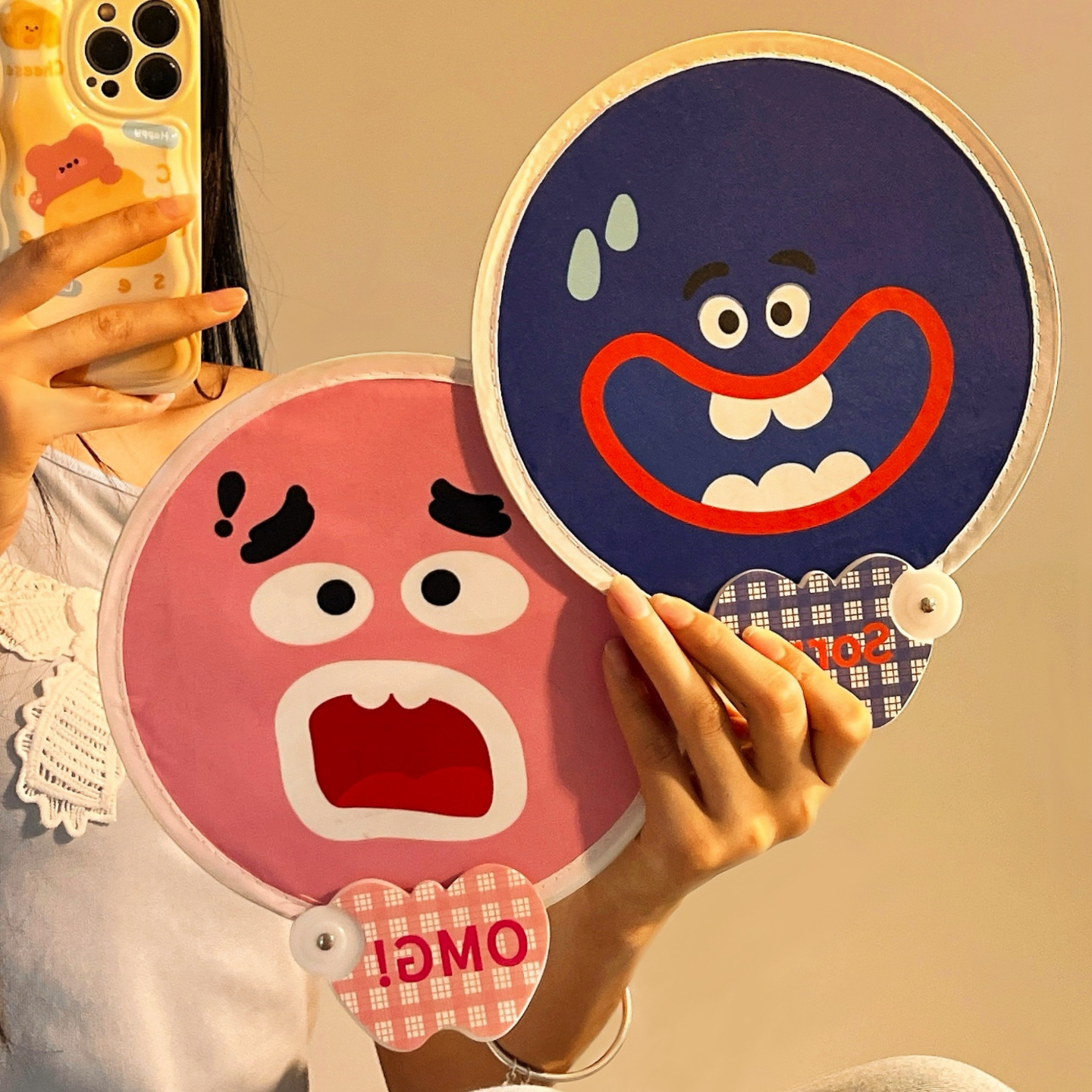 Cartoon double-sided summer foldable cute handheld children's round…