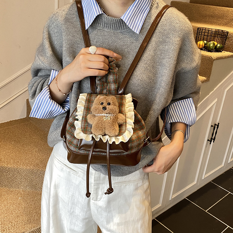 2025 nueva simple mochila infantil a cuadros coreana encaje a cuadros lindo oso mochila bebé