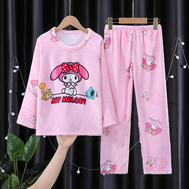 플란넬 세트 어린이 두 조각 세트 새로운 두꺼운 따뜻한 귀여운 중대형 어린이 느슨한 둥근 목 홈 옷