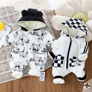 Baby baby boys and girls baby jumpsuit newborn hooded winter glossy cartoon bear thick cotton romper
