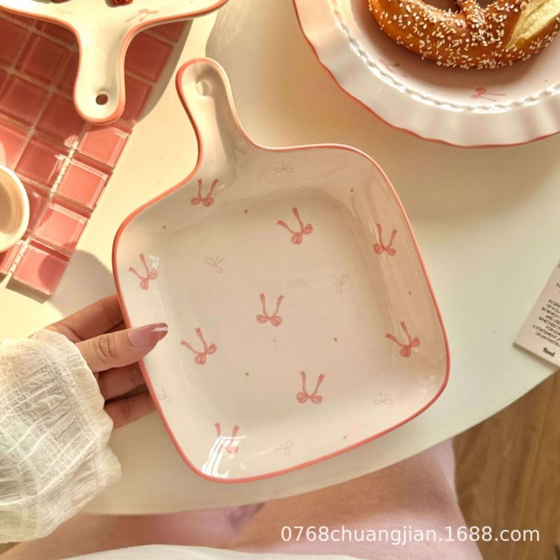 ピンクインスタイルリボンセラミック食器セットヌードルボウル家庭用ライスボウルプレート釉下色が女の子のハートに映えます|undefined