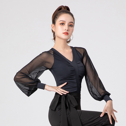 New nylon Latin dance practice clothes for women, lantern long sleeves, fashionable modern dance tops, ballroom dance clothes