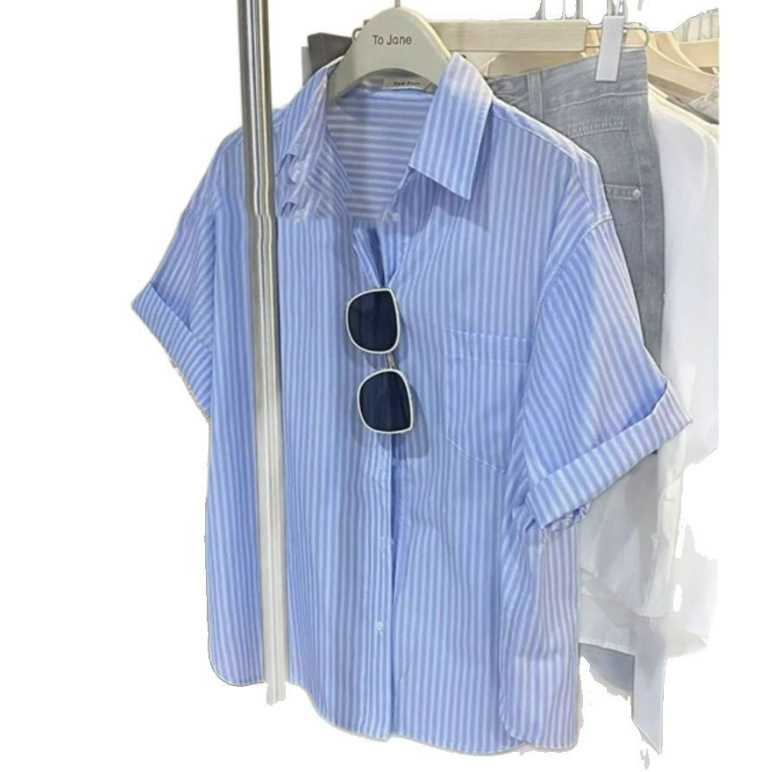 Blue Striped Short Sleeve Shirt Men's and Women's Summer Chic Small Shirt Polo Collar Cotton Breathable Trendy