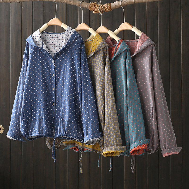 81620 retro plaid dot hooded single-breasted long-sleeved shirt coat women's autumn New loose casual top