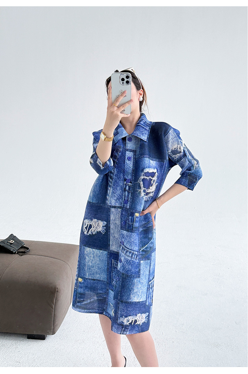 Váy liền thân denim in họa tiết, dáng suông cổ trụ, dài trung bình — Màu xanh lam chi tiết 8