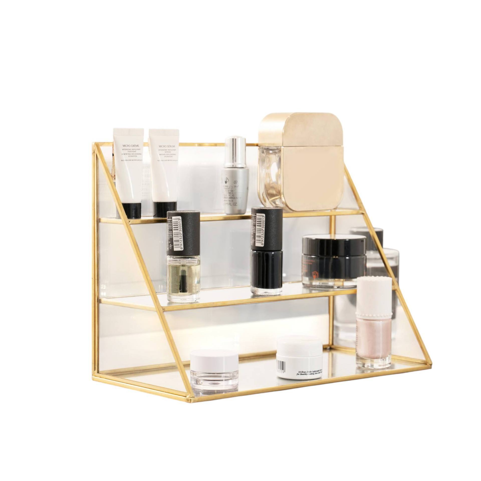 Gold-Colored Makeup Storage Box, Three-Layer Makeup Organizer, Cosmetic Organizer, Earring and Ring Storage Rack