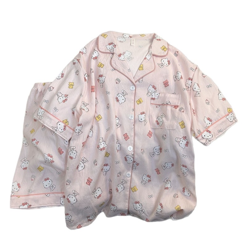 雲の綿の粉の柔らかいkt猫の夏の半袖の半ズボンの薄いタイプのゆったりしているパジャマの女性のレジャーの部屋の服のスーツの学生|undefined