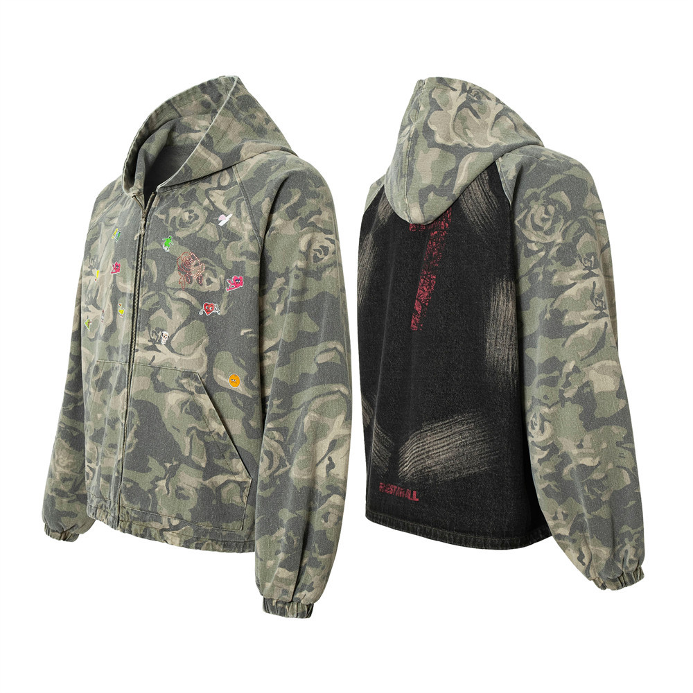 Giacca con cappuccio patchwork mimetica vintage da uomo e da donna, stile punk, vestibilità ampia, effetto consumato, per abbigliamento casual da strada, taglie dalla M alla 2XL_voghion.com