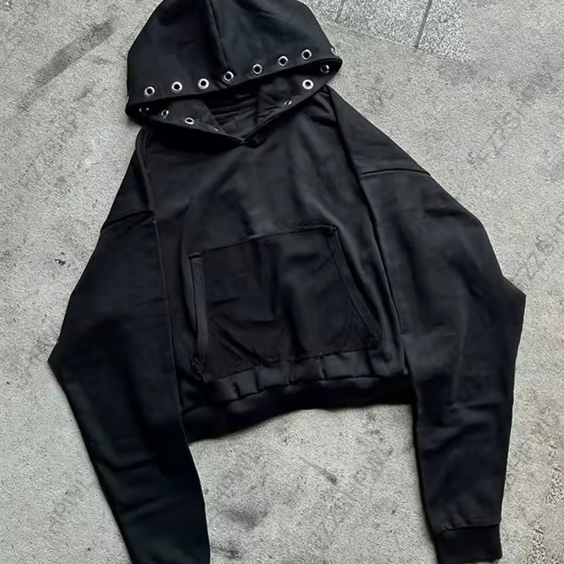 Autumn and Winter High Street Gothic Retro Punk Hip-Hop Dark Stylish Hooded Buckle Design Crop Pure Color Sweatshirt