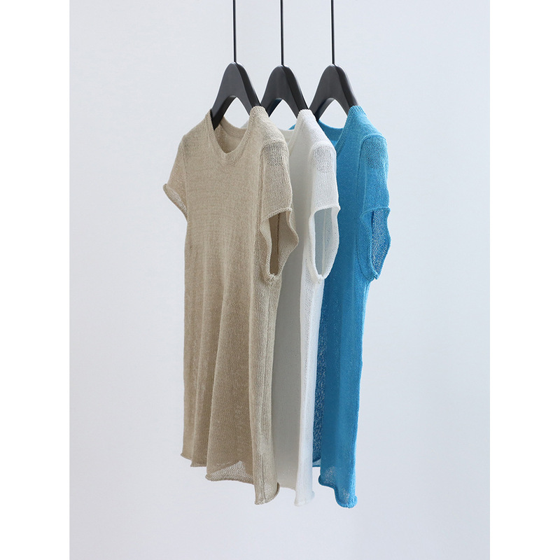 Regular Shoulder Round-Neck Imported Japanese Paper Yarn Short-Sleeve Knit Top, Summer Simple Commuter Pullover, Dry and Lightweight T-Shirt