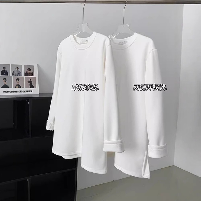 Tall Split T-Shirt fleece-lined Thickened White Top Spring Loose Mid-length Long-sleeved Base Shirt
