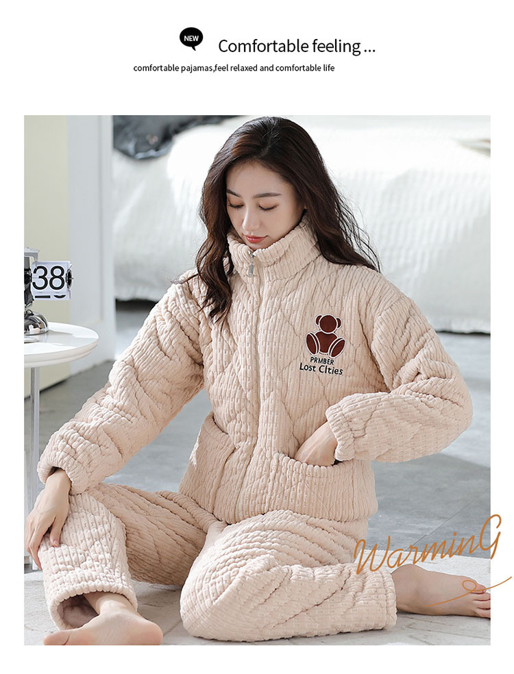 法米姿 珊瑚绒睡衣女冬夹棉三层加厚加绒甜美可爱卡通拉链家居服