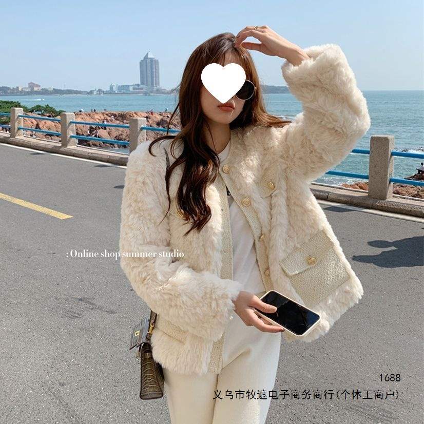 仿皮草小香风外套女2026秋冬季新款感仿兔毛加厚圆领上衣棉服
