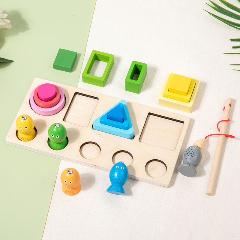 Forma geométrica a juego columna de madera magnética pesca dos en uno bloques de construcción juguetes de educación temprana de los niños