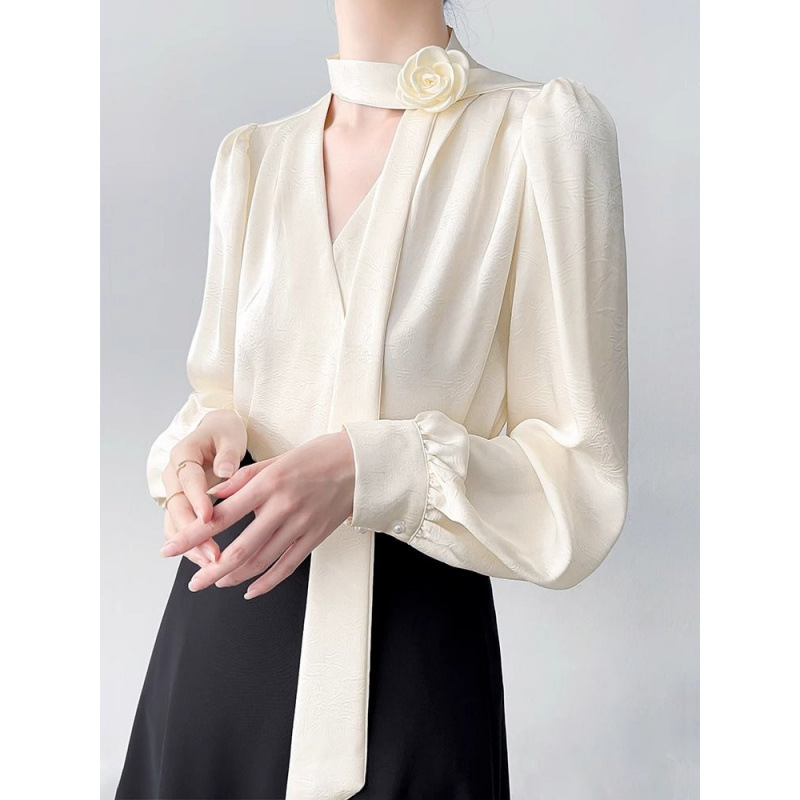 French-Style Acetate Satin Long-Sleeve Shirt for Women, Autumn 2026 Spring New Design, Niche High-End Collared Top