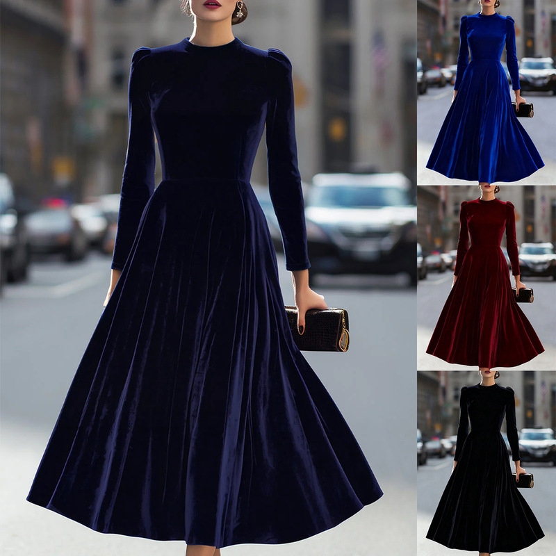 European and American Cross-Border Foreign Trade Aliexpress Amazon New Autumn and Winter Women's Dress Gold Velvet Round Neck Long-Sleeved Dress