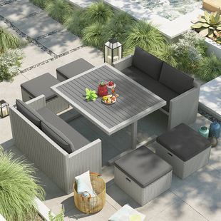 Outdoor rattan table and chair combination balcony courtyard outdoor garden leisure dining table and chair plastic rattan chair sofa anti-corrosion Wood