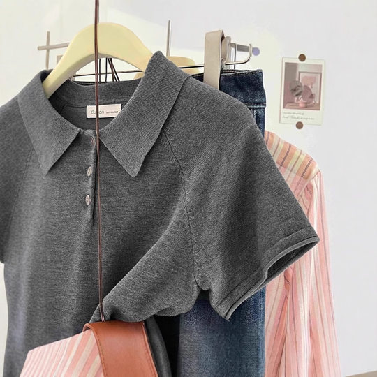 Korean Style New Slim Look Lapel Short Sleeve Polo Shirt 2025 Summer New Simple All-match Sweater Women's Thin