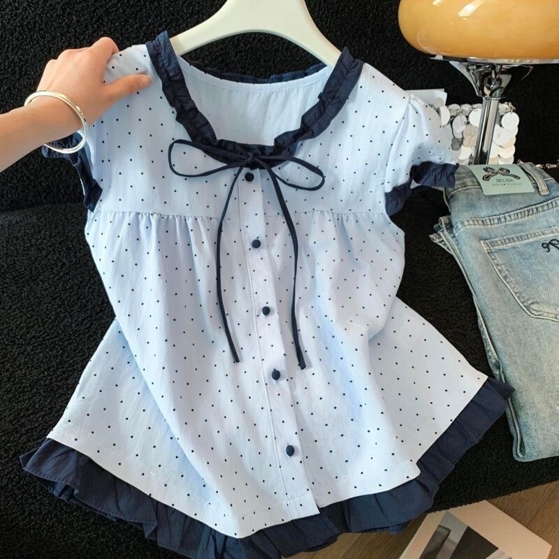 French-Style Ruffled Tie-Neck Polka Dot Color-Block Short-Sleeve Shirt for Women, 2026 Summer New Stylish Loose-Fitting Slimming Top French-Style Ruffled Tie-Neck Polka Dot Color-Block Short-Sleeve Shirt for Women, 2026 Summer New Stylish Loose-Fitting Slimming Top