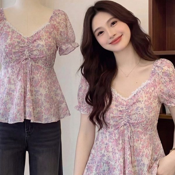 Plus-Size Women's Extra-Large Size 150kg Gentle Style Purple Floral Short-Sleeve Shirt, New Summer High-End Waist-Cinching Top Plus-Size Women's Extra-Large Size 150kg Gentle Style Purple Floral Short-Sleeve Shirt, New Summer High-End Waist-Cinching Top