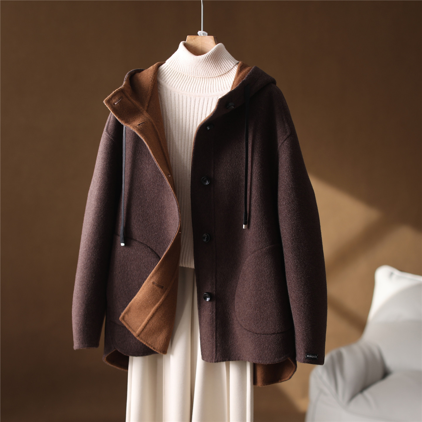 2025 Autumn and Winter New High-End Hooded Mid-Length Double-Sided Cashmere Outwear Women's Horn Button Loose Woolen Outwear