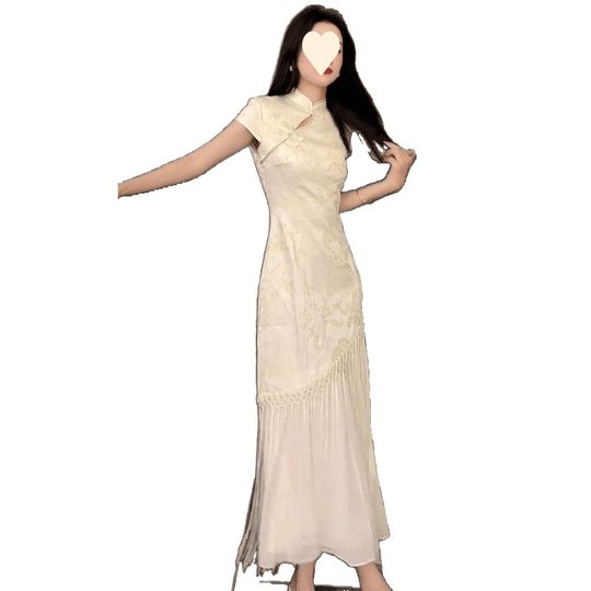 New Chinese Style Cheongsam Dress 2025 New Unique and Beautiful Elegant Classy Off-White Waist Splicing Dress