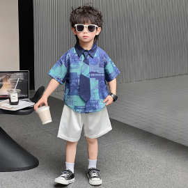 男童夏季套装新款报纸纹印花领带衬衫宝宝幼儿园洋气穿搭港风童装
