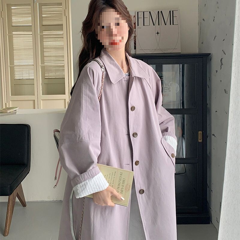 Light Purple Artistic Retro Mid-Length Lapel Casual Trench Coat, New Spring Style Casual Simple Versatile Coat Light Purple Artistic Retro Mid-Length Lapel Casual Trench Coat, New Spring Style Casual Simple Versatile Coat